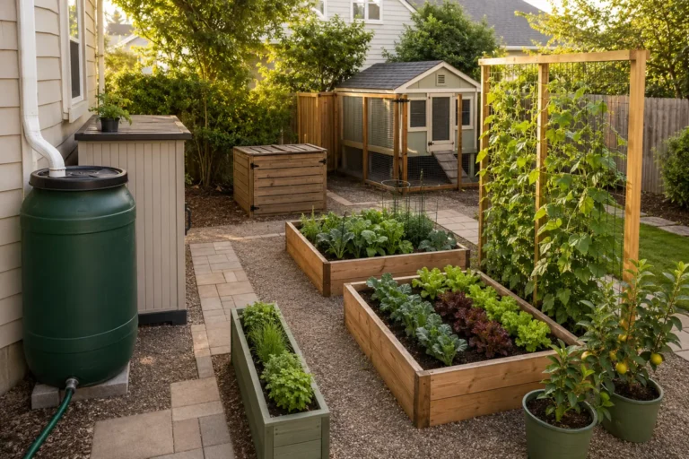 Compact beginner backyard homestead with two raised vegetable beds, an herb planter, container fruit plants, vertical trellis, compost bin, rain barrel, storage cabinet, and secure chicken coop.