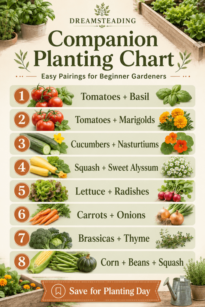 Companion planting chart for beginners showing smart vegetable garden pairings with herbs and flowers.