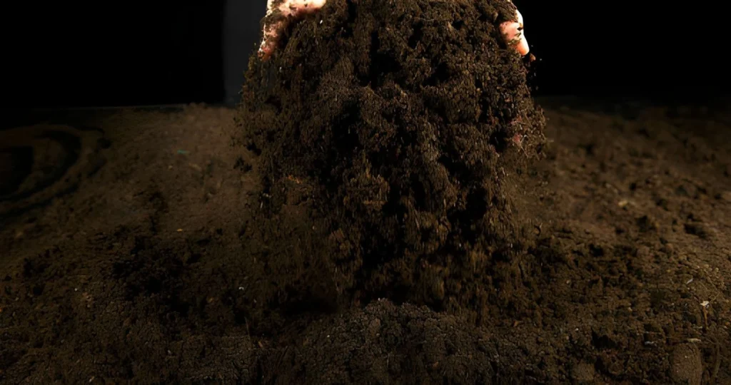 Dark, nutrient-rich compost being poured onto garden soil as one of the most widely used organic fertilizer types.