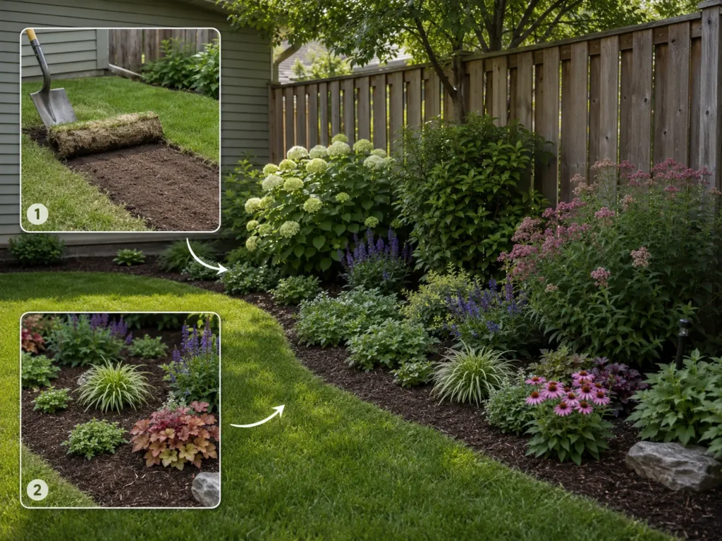 Small backyard lawn converted into a wide curved flower border with layered shrubs, perennials, ground-cover plants, mulch, and easy-to-maintain edging.