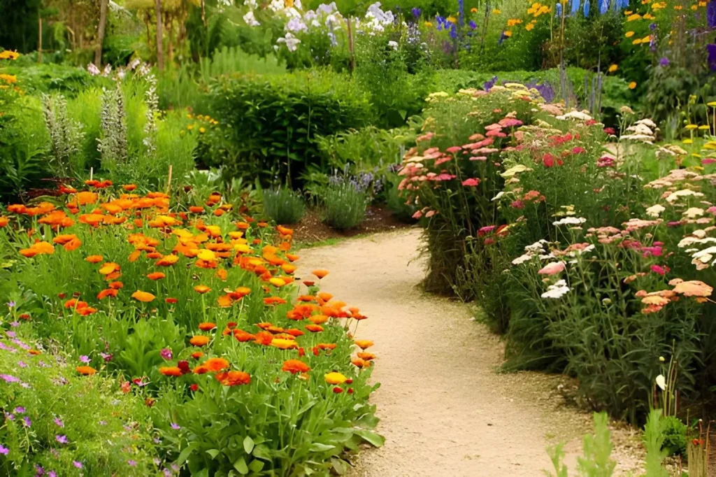 Winding path through colorful cottage-style flower beds, illustrating ornamental garden types filled with mixed flowering plants.
