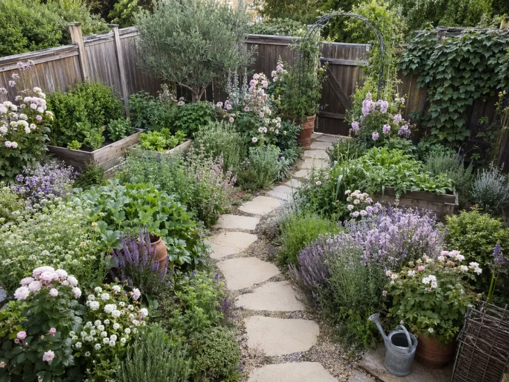 Elevated view of a compact cottage garden with layered mixed planting, repeated flower colors, raised beds and a clear stepping-stone path.