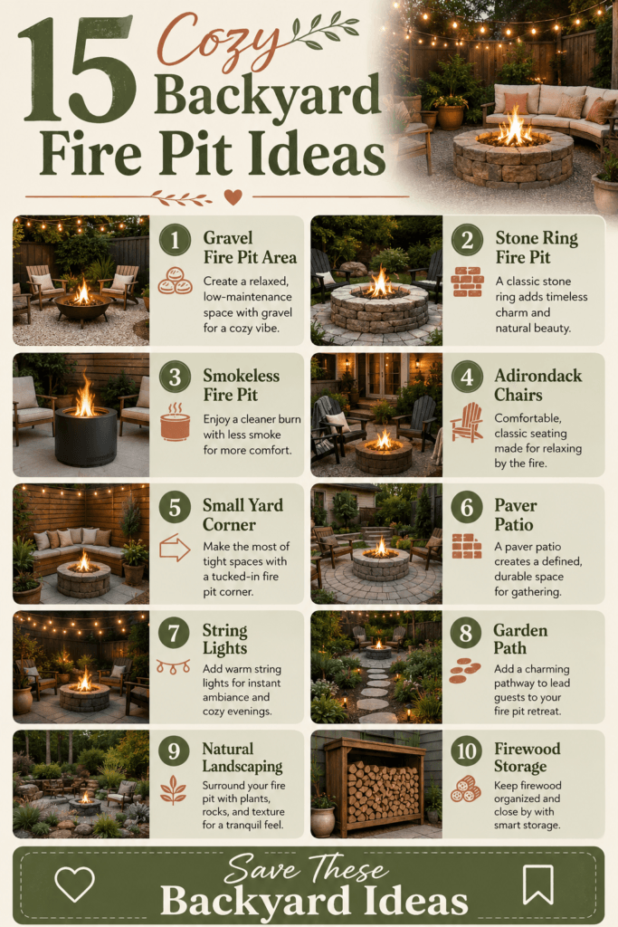 Pinterest infographic showing cozy backyard fire pit ideas including gravel, pavers, seating, lighting, landscaping, and safety basics.