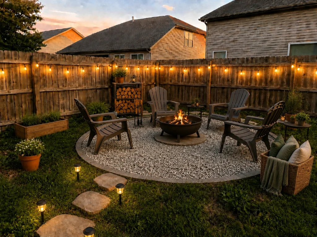 Cozy finished backyard gravel fire pit area with outdoor chairs, string lights, solar pathway lights, potted plants, firewood rack, side tables, and warm evening glow.