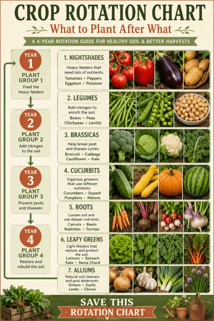 Crop rotation chart for beginners showing vegetable families and simple raised bed rotation plan.