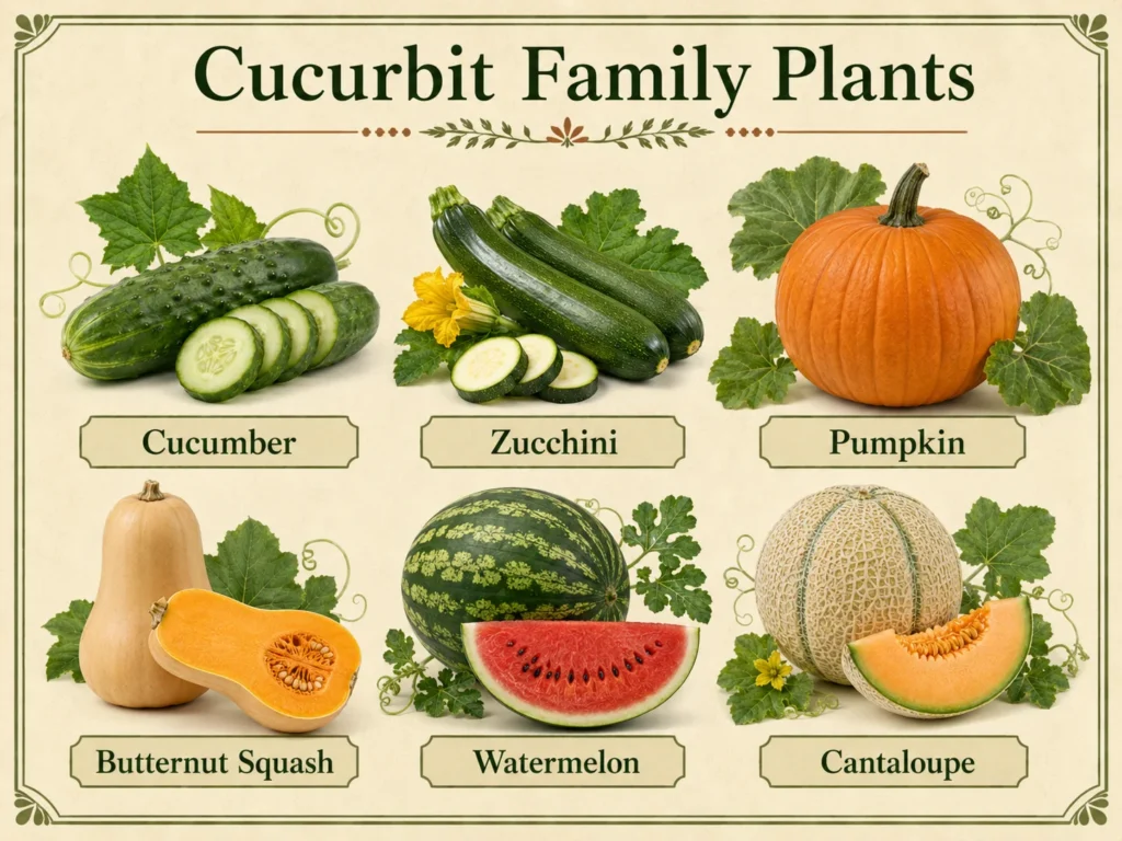 Realistic botanical infographic showing six cucurbit family plants labeled Cucumber, Zucchini, Pumpkin, Butternut Squash, Watermelon, and Cantaloupe.