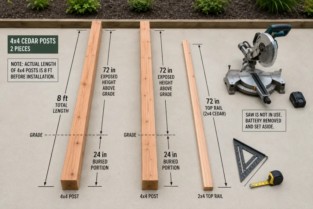 Two eight-foot cedar posts and a 72-inch cedar top rail marked for trellis assembly