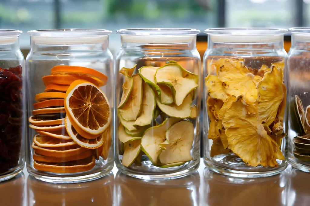 Dried orange slices, apple chips, and pineapple pieces stored in clear airtight glass jars after home food dehydration.