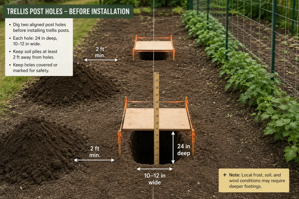 Two aligned post holes dug 24 inches deep for a six-foot-wide cedar trellis
