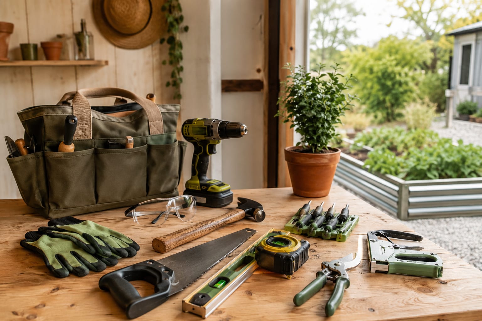 Essential DIY and building tools for homesteaders including cordless drill, measuring tape, level, hammer, handsaw, gloves, safety glasses, screwdriver set, staple gun, pruning shears, and tool bag.