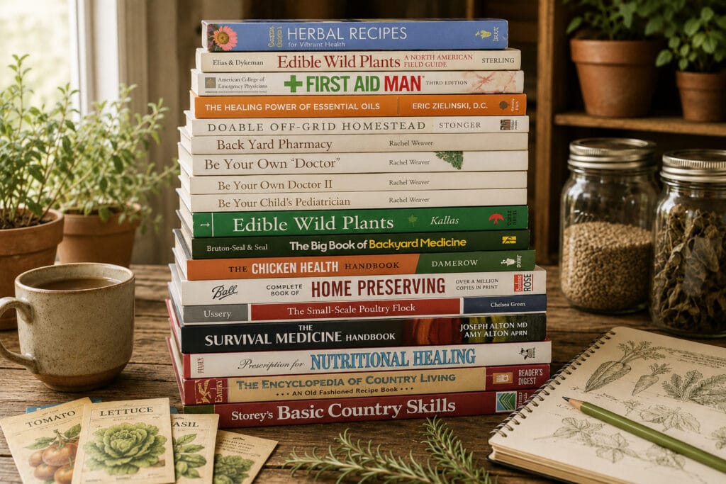 DIY and self-sufficiency books with basic tools, measuring tape, gloves, and raised bed plans.