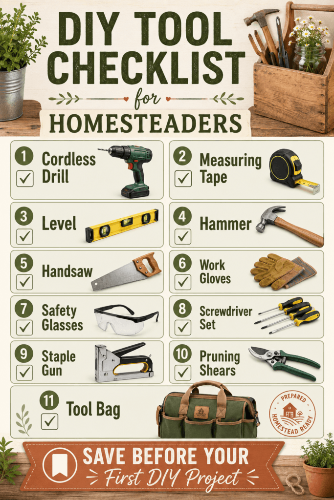 Pinterest infographic showing a DIY tool checklist for homesteaders including hand tools, power tools, garden tools, safety gear, and storage.
