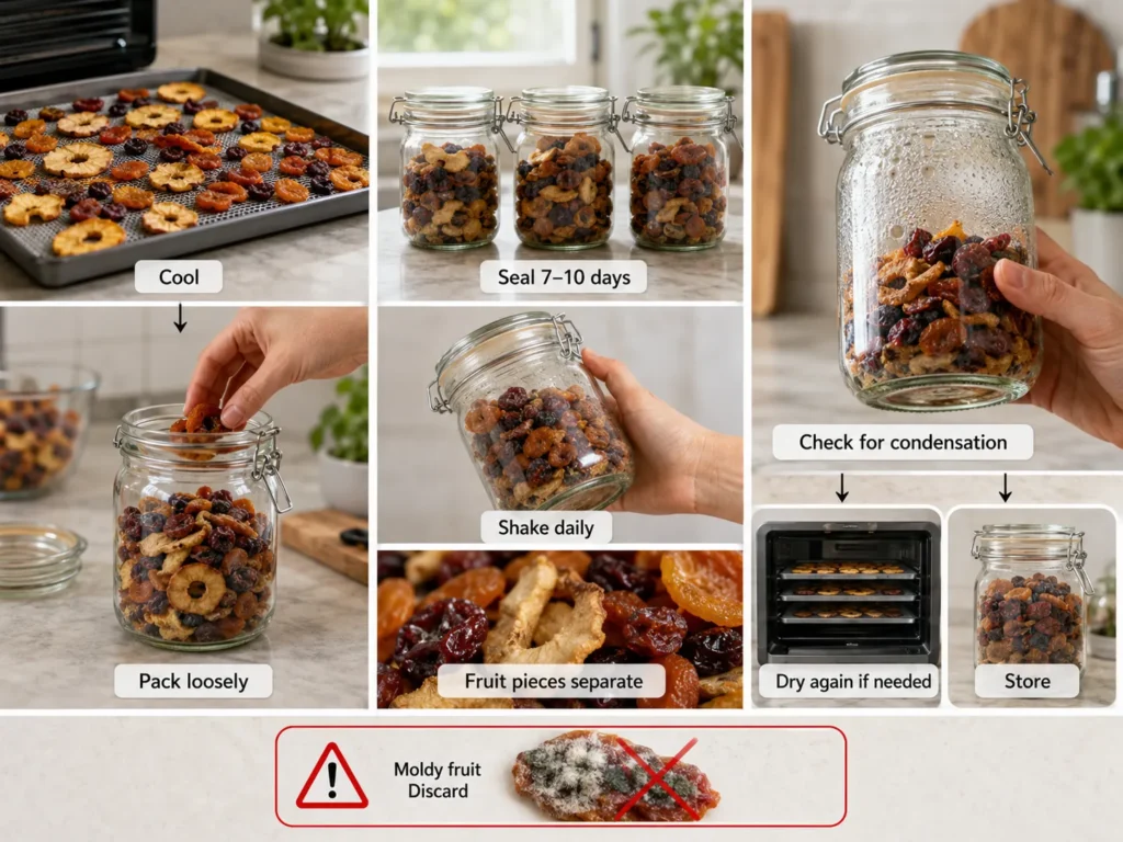Step-by-step dried fruit conditioning process showing cooling, loose packing, daily shaking, condensation checks, additional dehydrating when needed, and discarding moldy fruit.