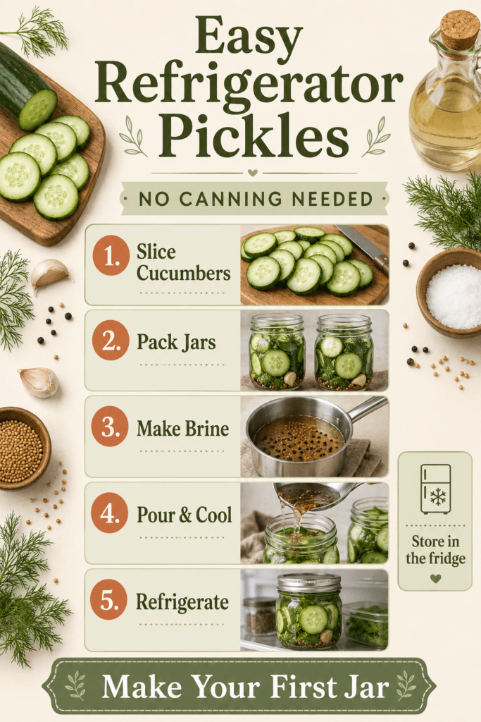 Infographic showing easy refrigerator pickles for beginners with cucumber slices, vinegar brine, garlic, dill, jars, and storage tips.