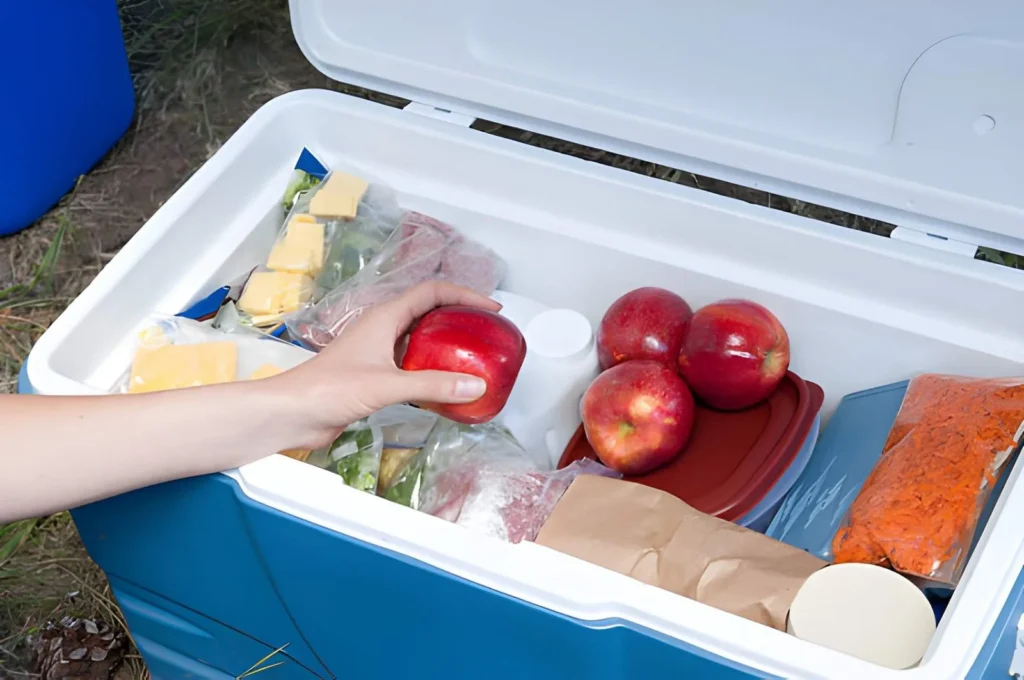 How to Prepare for a Power Outage with a cooler packed with apples, cheese, packaged food, and cold storage items to help keep food fresh during an emergency.