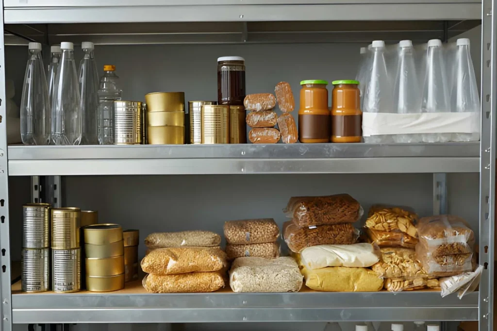 Emergency food storage shelf with bottled water, canned foods, dry grains, packaged pantry staples, and long-lasting supplies for home preparedness.