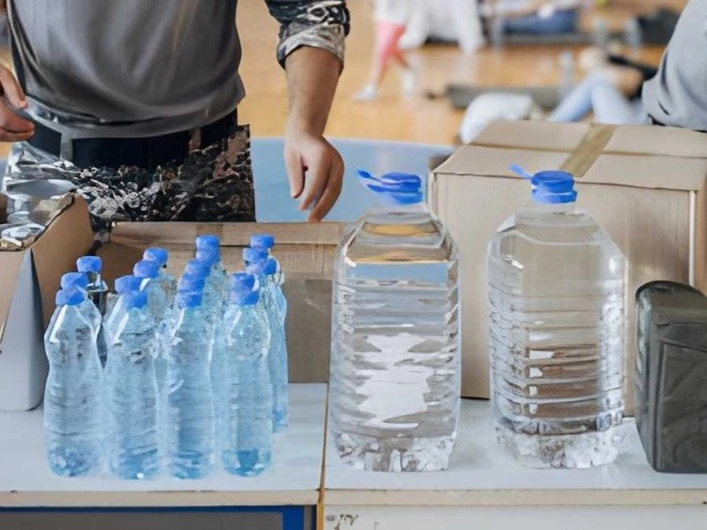 Bottled drinking water and large water containers organized with emergency supply boxes for a homestead storm and power-outage kit.