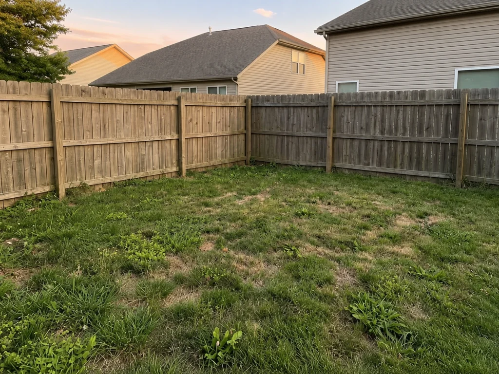 Empty backyard corner with patchy grass, wooden fence, and open space before building a beginner gravel fire pit area.