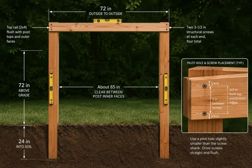 Cedar top rail fastened across two trellis posts with two structural screws at each end