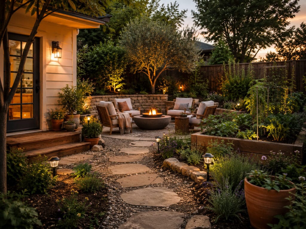 Backyard fire pit connected to the garden by a simple pathway with plants and warm lighting.