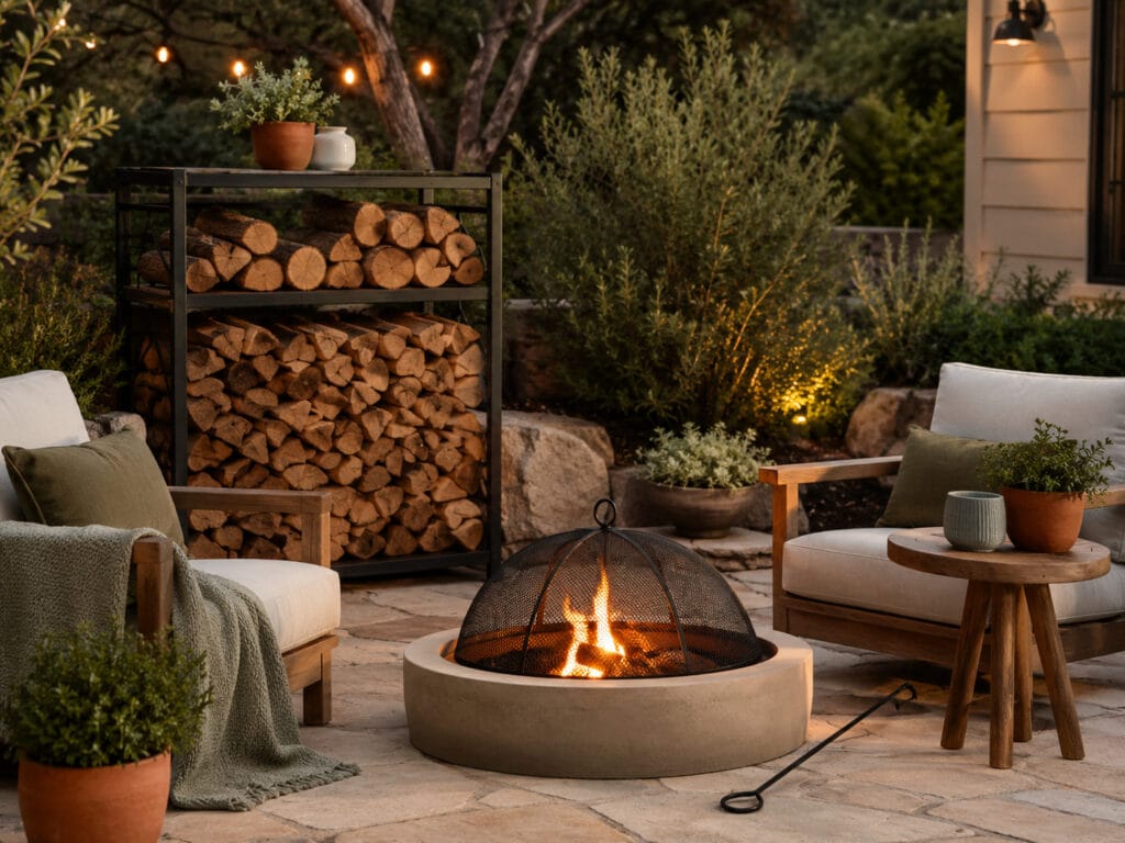 Backyard fire pit setup with organized firewood storage, spark screen, fire pit poker, outdoor chairs, side table, and cozy garden lighting.