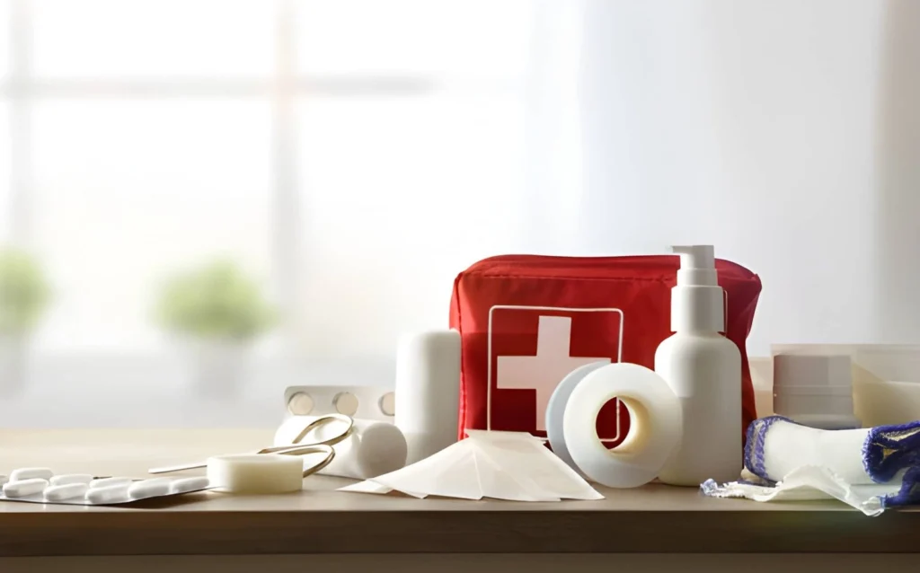 First-aid kit with bandages, medical tape, gauze, basic medications, and hygiene supplies prepared for a homestead storm and extended power outage.