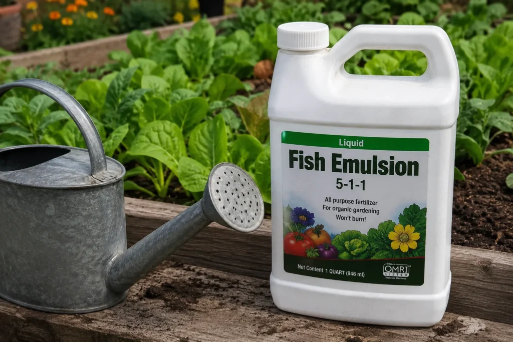 Fish emulsion fertilizer container beside a watering can in a vegetable garden, showing one of the liquid organic fertilizer types used to feed plants.