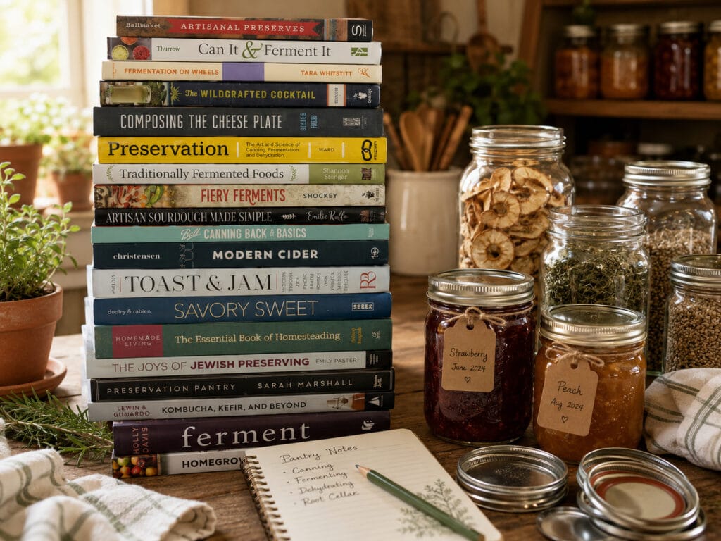 Food preservation books with mason jars, canning lids, dried herbs, jam jars, and pantry notes.