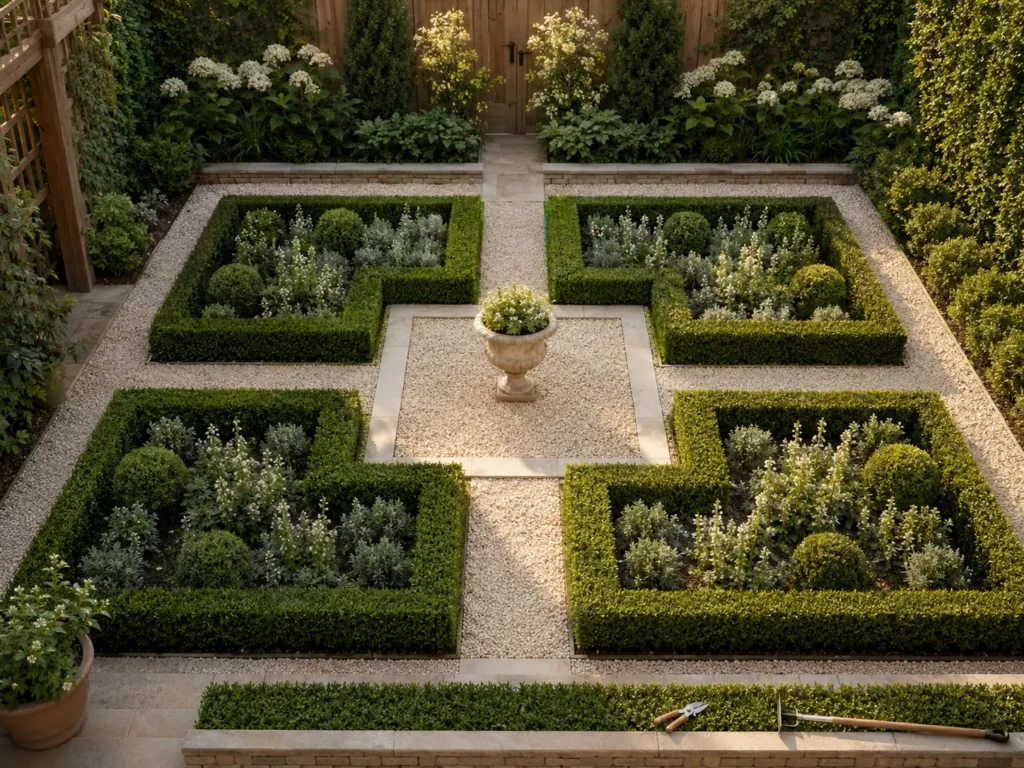Elevated view of a formal garden with four balanced geometric beds, clipped hedges, straight gravel paths and a central urn.