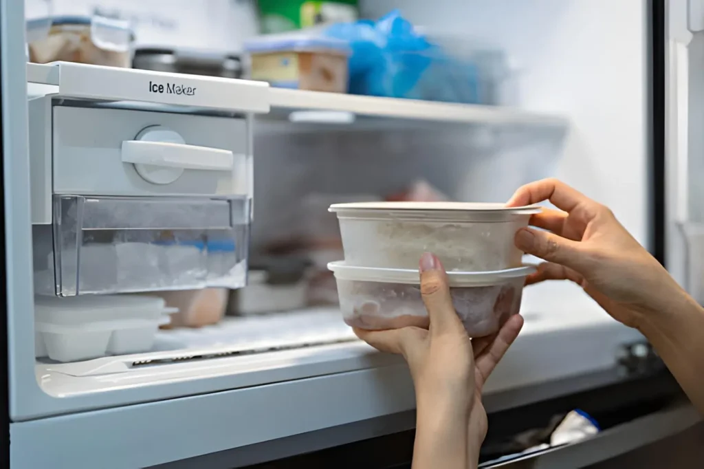 Hands organizing sealed food containers in a freezer before a storm to help preserve food during a possible power outage.
