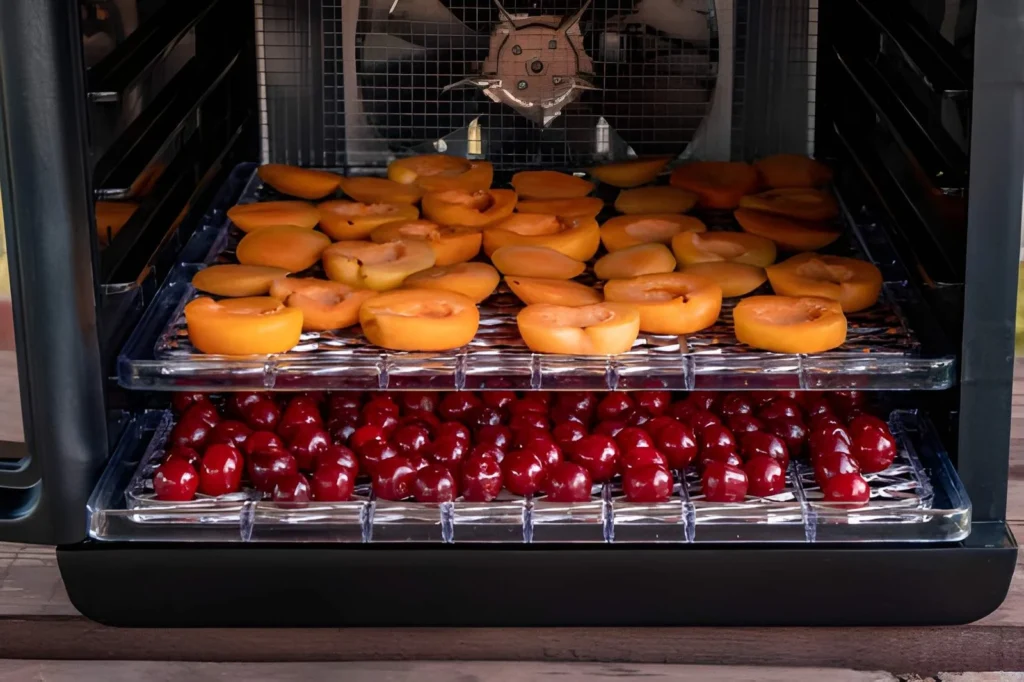 Sliced apricots and red fruit arranged in single layers on food dehydrator trays for beginner-friendly home for Dehydrating Food for Beginners