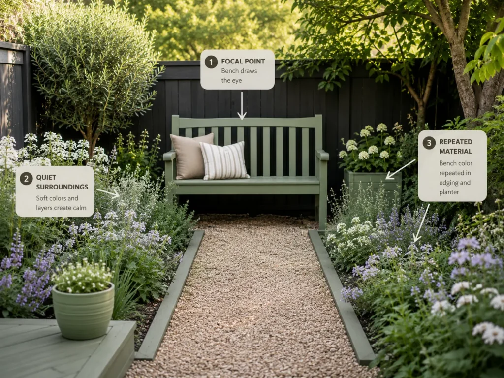 Sage-green bench serving as a strong focal point at the end of a gravel path, surrounded by soft flowers and repeated green accents in a small backyard garden.