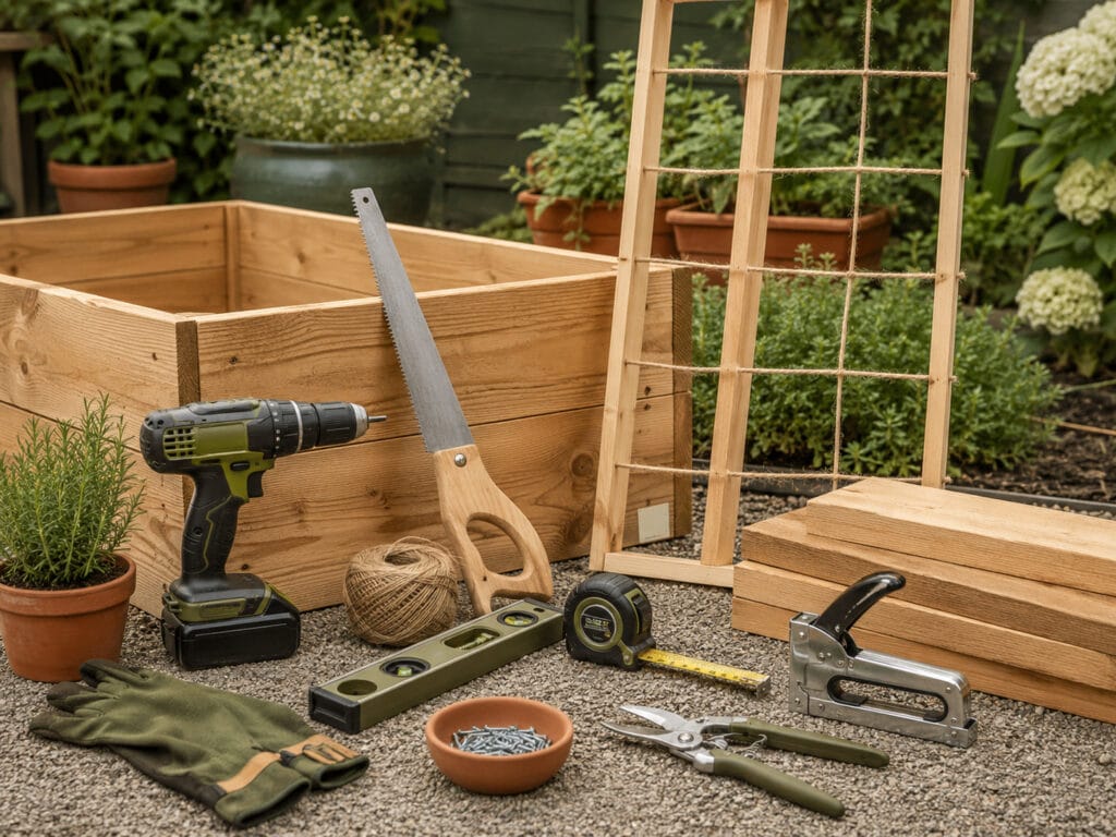 Garden building tools for DIY projects with raised bed lumber, trellis materials, drill, saw, measuring tape, and pruning shears.