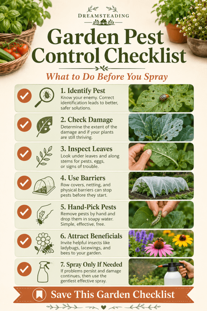 Garden pest control checklist infographic with steps to identify pests, inspect leaves, use row covers, attract beneficial insects, and avoid over-spraying.
