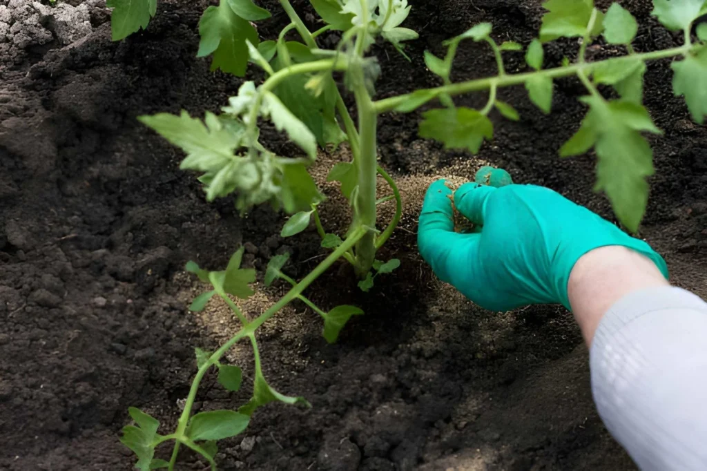 Gardener applying granular fertilizer around a young tomato plant, demonstrating how organic fertilizer types can be added directly to garden soil.