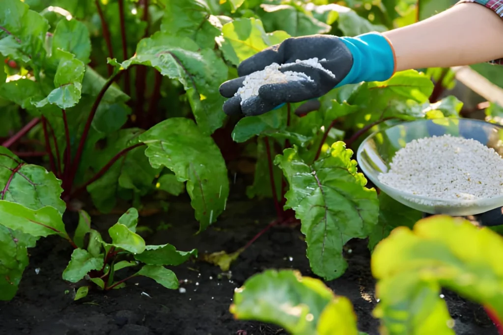 Gardener applying white granular fertilizer around healthy beet plants, illustrating one of the organic fertilizer types used in vegetable gardens.