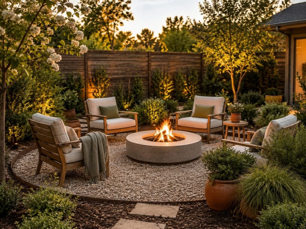 Cozy backyard gravel fire pit area with comfortable outdoor chairs, potted plants, natural landscaping, and warm evening light.