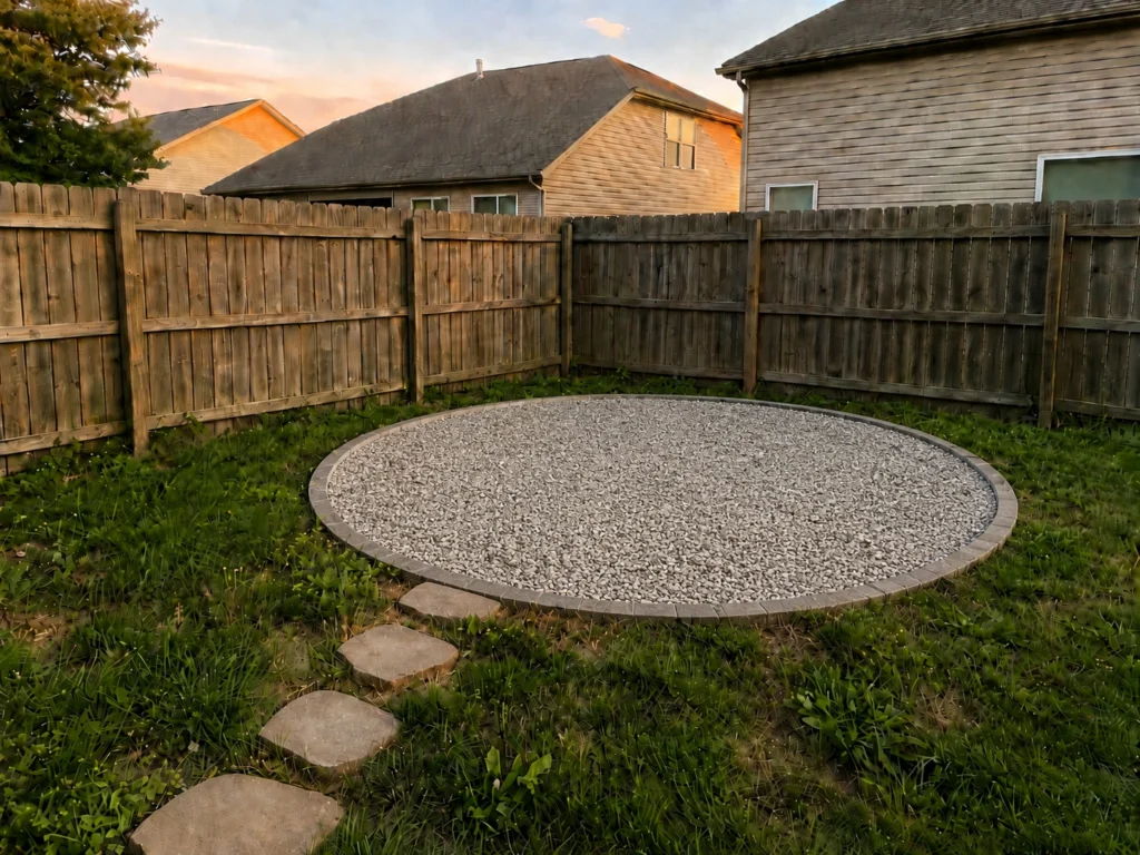 Backyard fire pit area after adding gravel, with a smooth circular gravel surface, paver edging, stepping stones, grass border, and wooden fence in warm evening light.