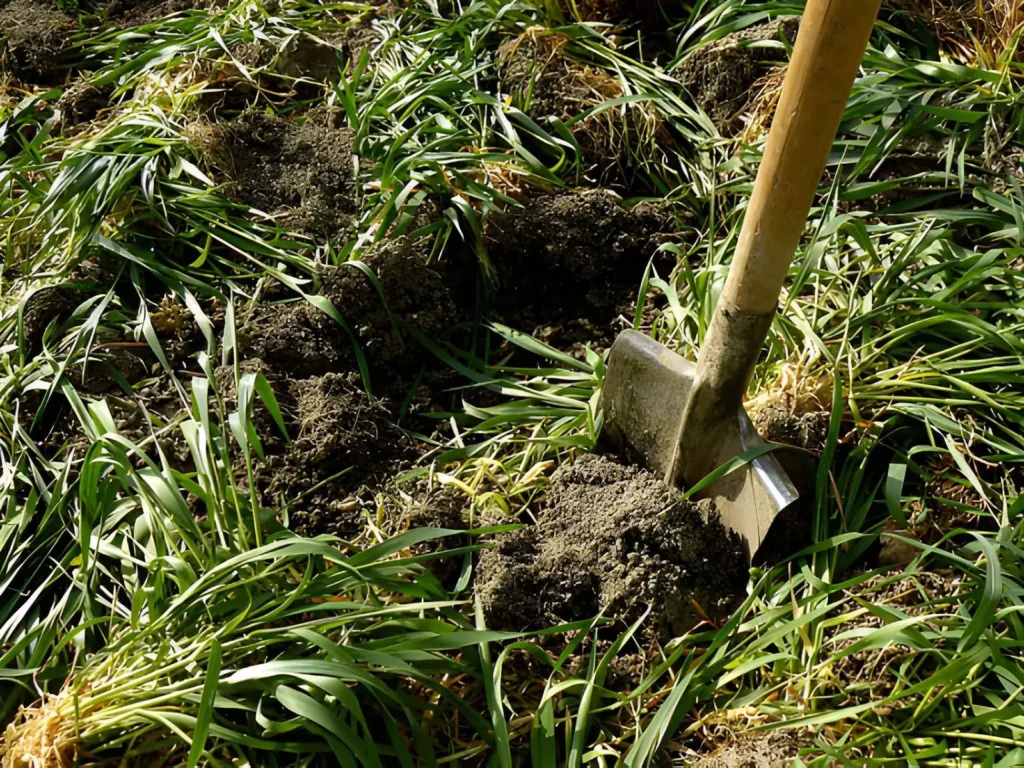 Green manure cover crops being dug into garden soil with a spade, showing one of the natural organic fertilizer types used to add nutrients and organic matter.