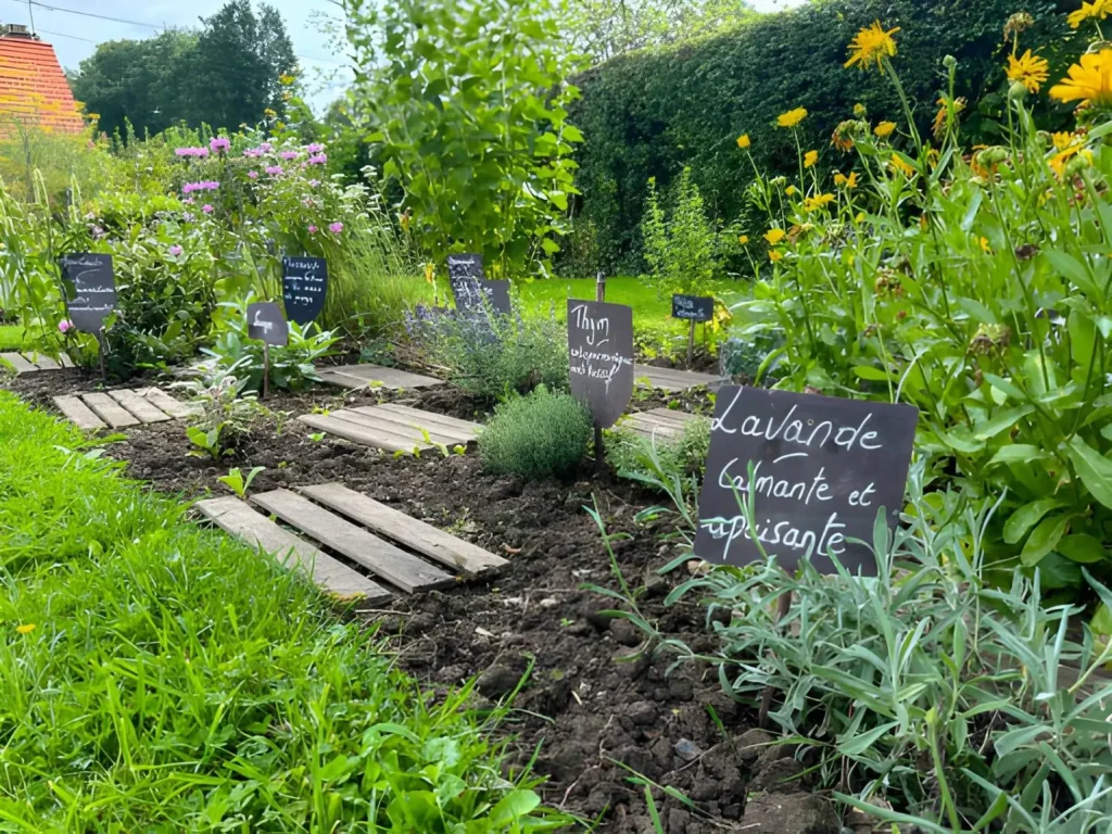 Labeled herb and kitchen garden with lavender, thyme, flowers, planting beds, and wooden paths, illustrating productive garden types for growing herbs.