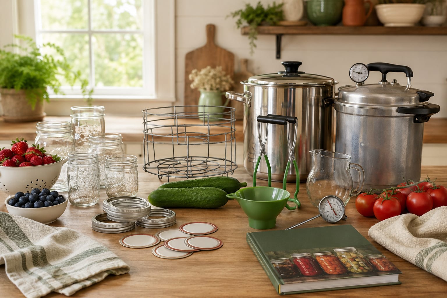 Home canning essentials for beginners with mason jars, canning lids, jar lifter, funnel, rack, and canners in a warm kitchen.