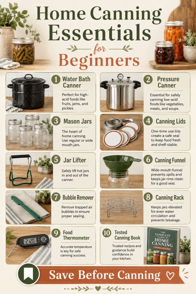 Pinterest infographic listing home canning essentials for beginners including canners, jars, lids, lifter, funnel, rack, thermometer, and canning book.