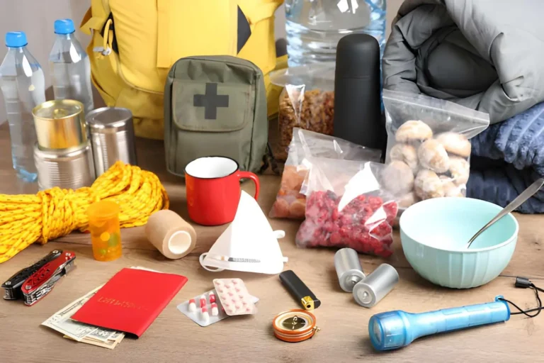 Organized homestead emergency kit with drinking water, canned food, first-aid supplies, flashlight, batteries, warm bedding, rope, medicine, and essential storm supplies for a power outage.