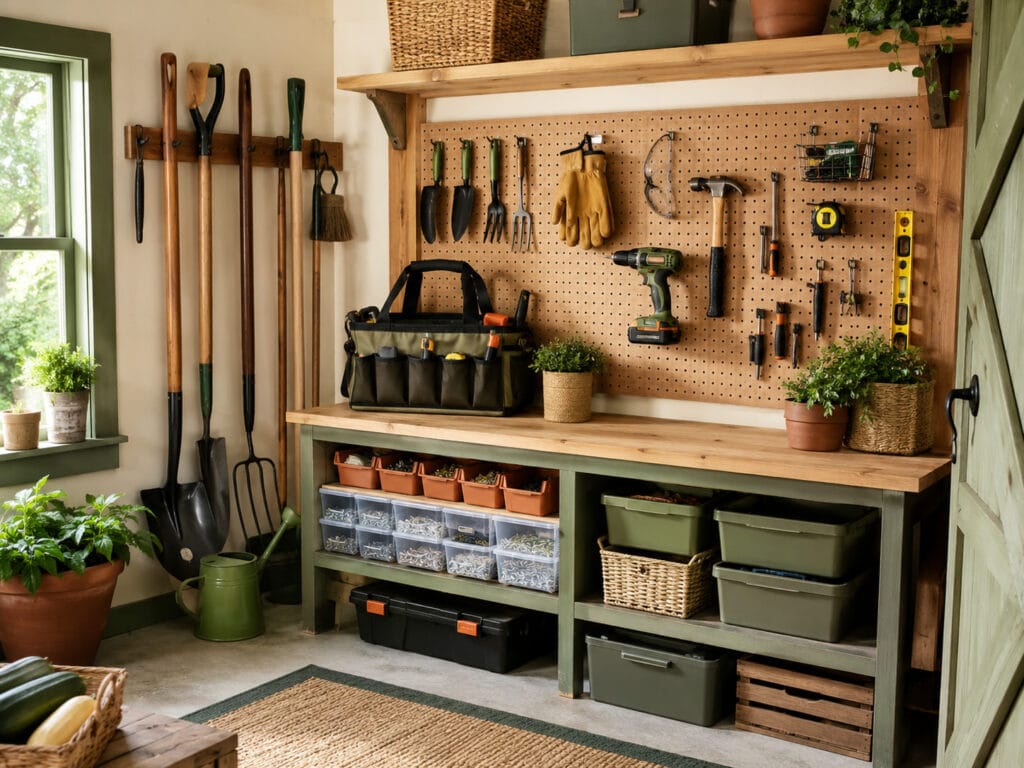 Homestead tool storage ideas with a tool bag, wall hooks, pegboard, bins, and organized DIY tools.