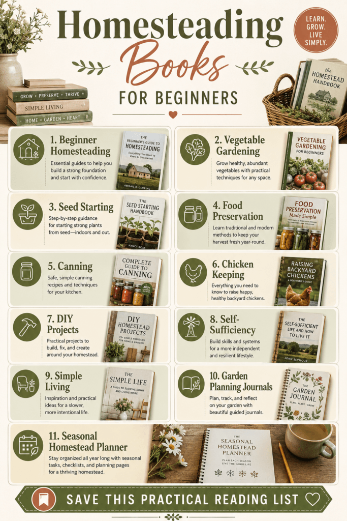 Pinterest infographic listing best homesteading books for beginners including gardening, food preservation, chicken keeping, DIY, simple living, and planning books.