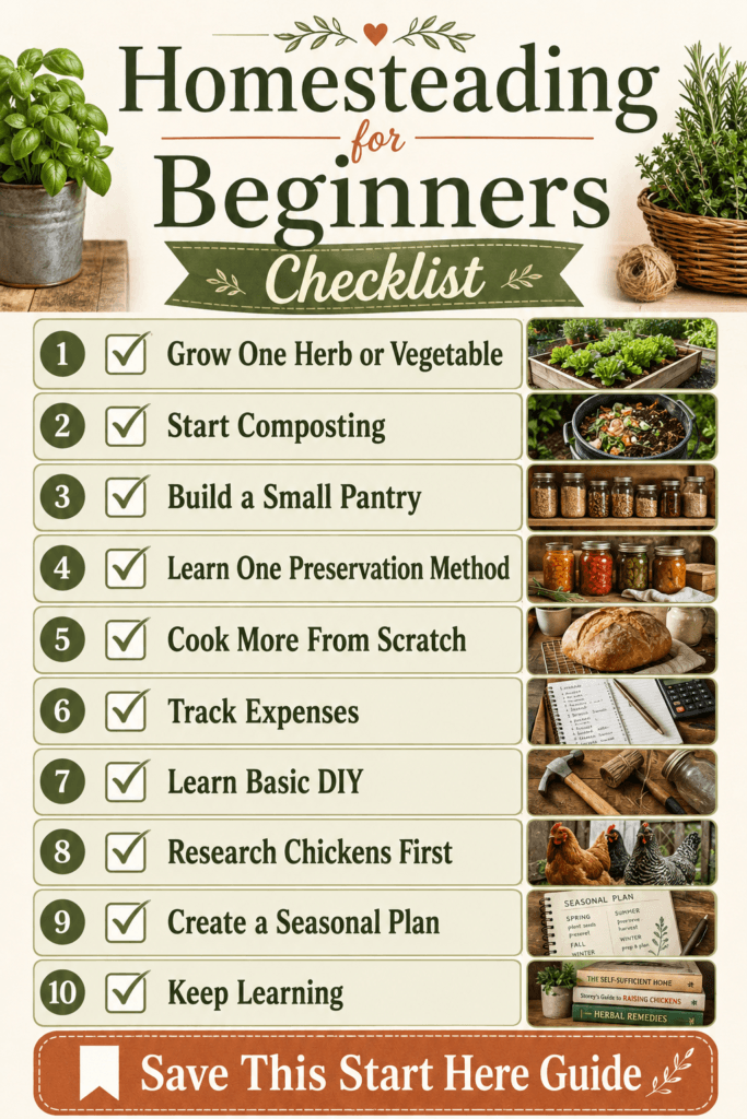 Pinterest infographic showing a beginner homesteading checklist with gardening, composting, pantry building, food preservation, cooking, DIY, chickens, and seasonal planning.