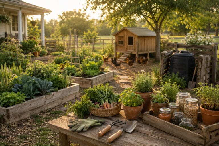 Beginner homesteading scene with raised beds, herbs, mason jars, compost bin, garden tools, pantry supplies, and chickens in a cozy backyard.