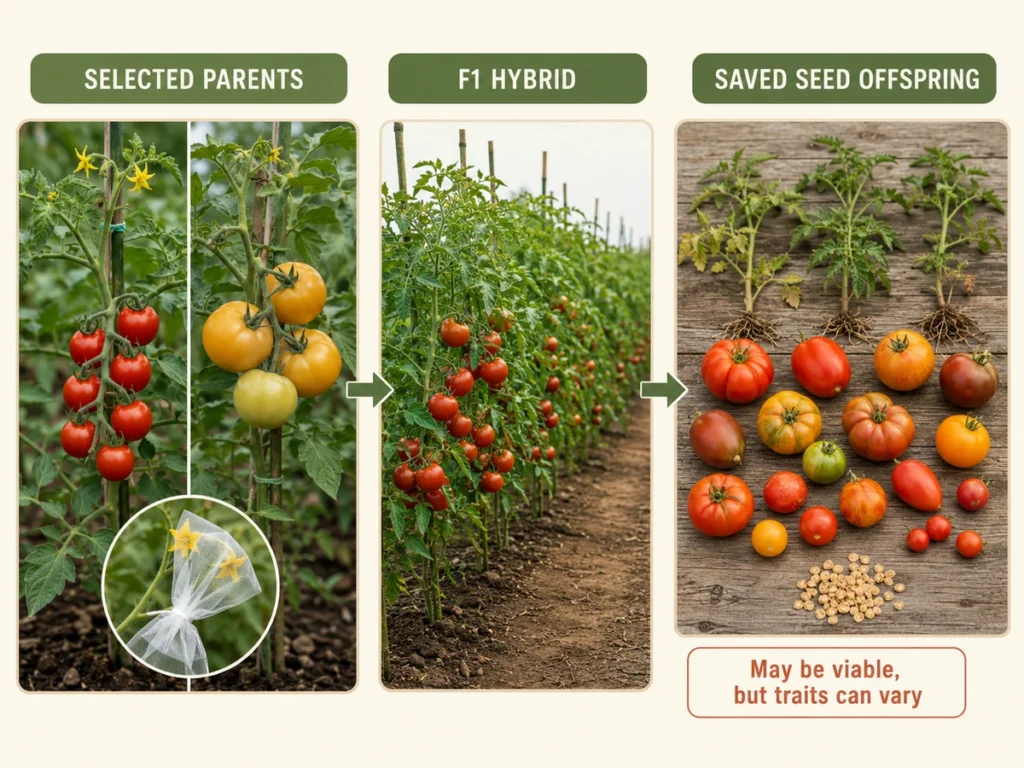 Infographic showing two selected tomato parent lines creating a uniform F1 hybrid, followed by variable saved-seed offspring.