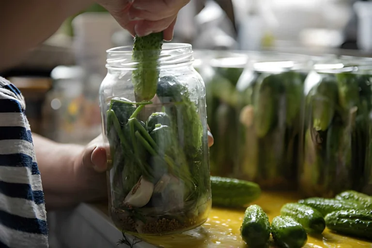Homemade refrigerator pickles for beginners in mason jars with cucumbers, dill, garlic, vinegar, and pickling spices on a kitchen counter.