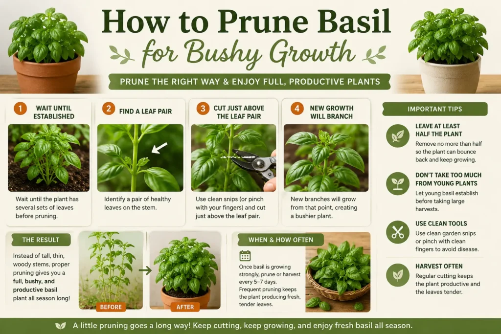 Step-by-step infographic showing how to prune basil above a pair of leaves to encourage branching, bushier growth, and regular harvests.